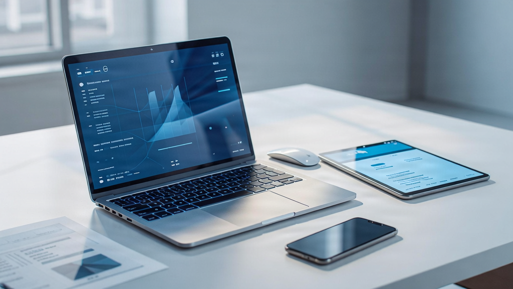 High-end corporate technology setup with laptops and tablets on a clean desk