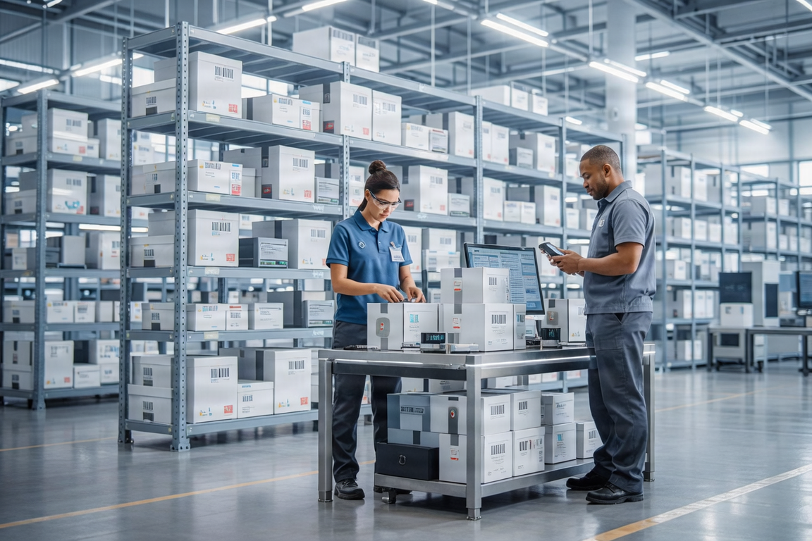 Modern warehouse with organized technology products and logistics staff